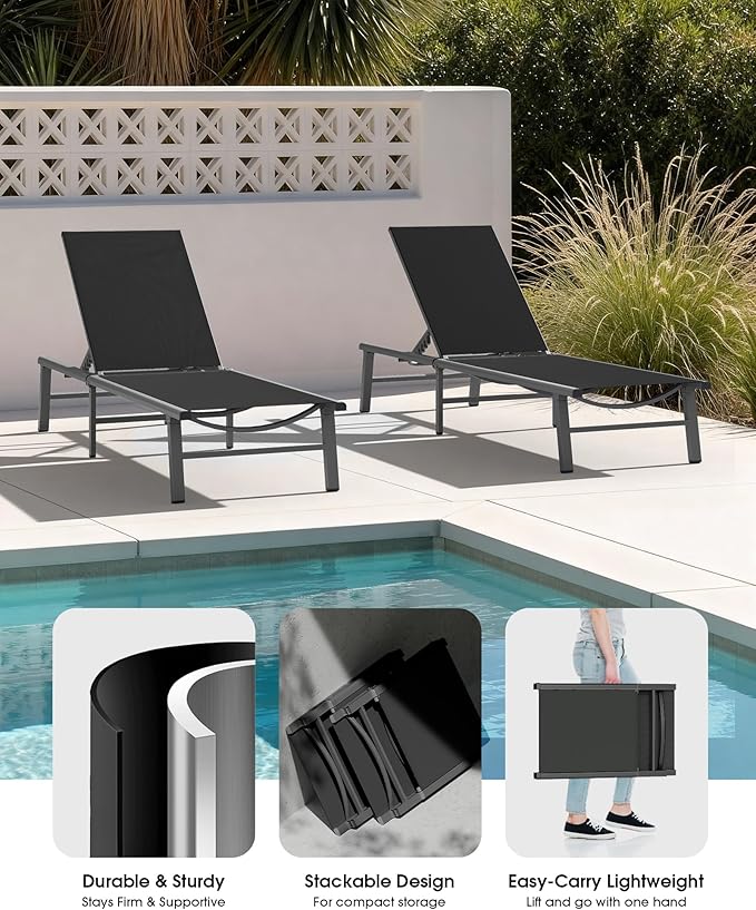 Ciokea Foldable Outdoor Lounge Chair Set of 2, No Assembly Aluminum Chaise