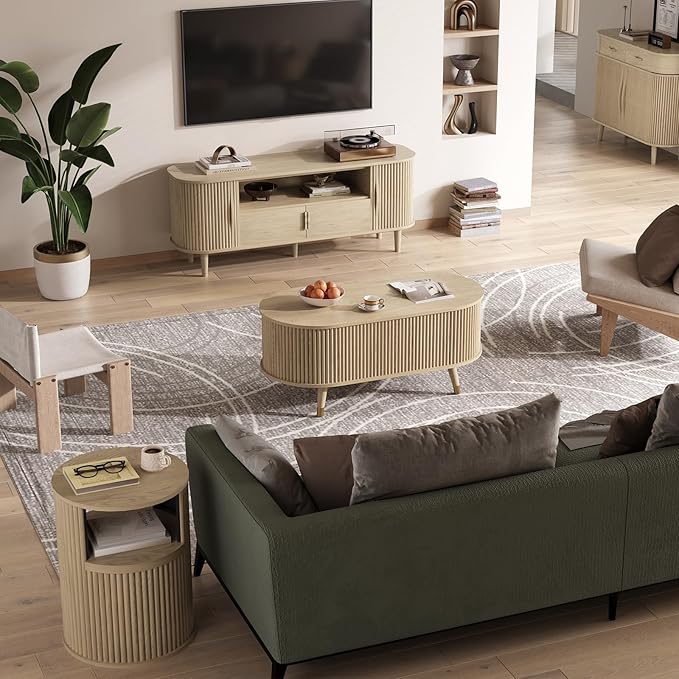 SULIVES Oval Coffee Table with Storage, Small Fluted Center Table