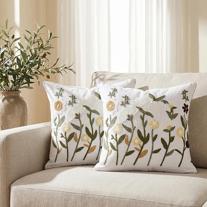 Neutral Floral Embroidered Throw Pillow Covers 20x20 Inch White Daisy Camel
