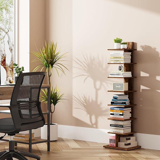 TUTOTAK Narrow Bookshelf, 8-Tier Bookcase, Spine Book Shelf