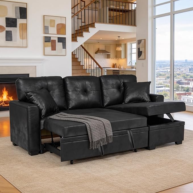 L Shaped Sectional Couch with Storage and Pull Out Bed, 3 Seater Sleeper Sofas