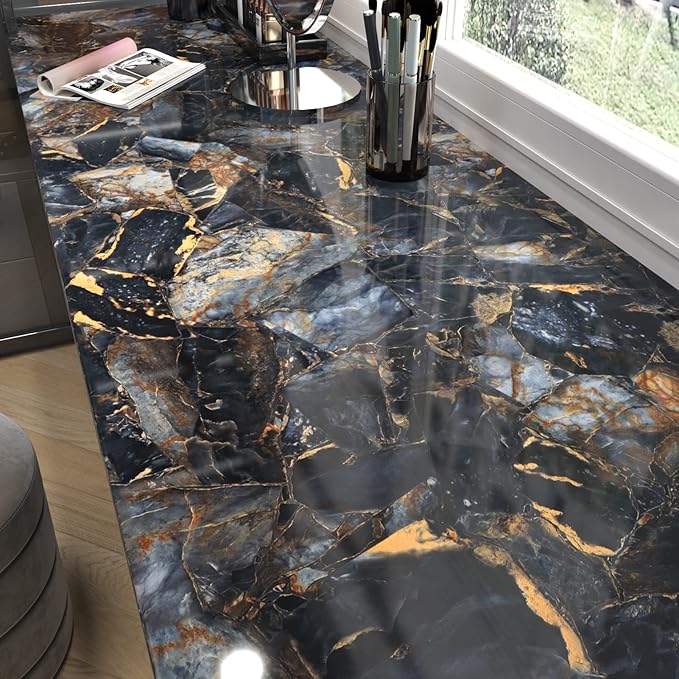 Black Marble Contact Paper Waterproof Removable Peel and Stick Wallpaper Film