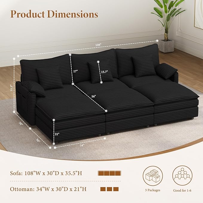 Vesgantti 108" Cloud Couch for Living Room, t6 Seats Deep Seat Sectional