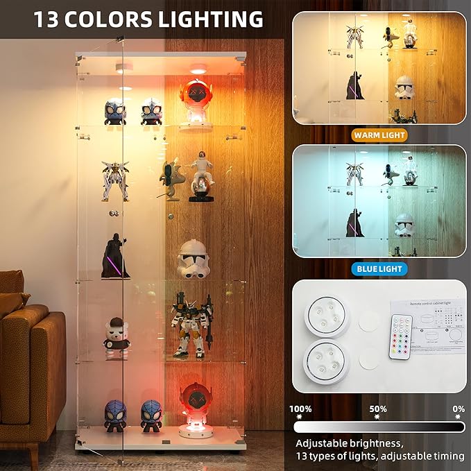 FANYUSHOW Display Cabinet with Glass Door and LED Light, 5-Tier Tempered Glass