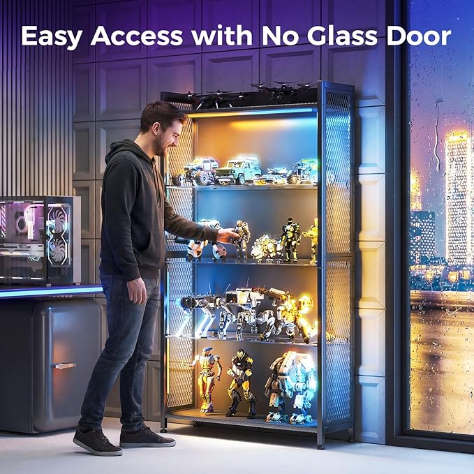 AODK Display Case with LED Lights, Display Cabinet with Glass Storage Shelves