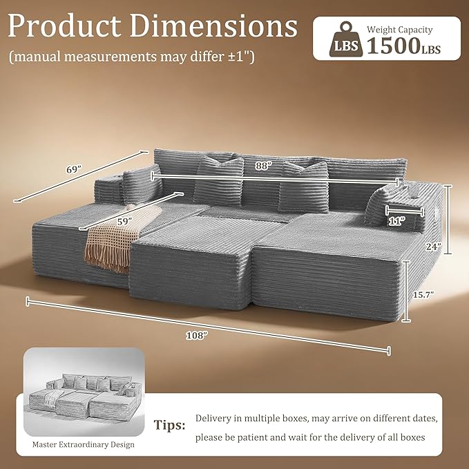 108" Cloud Sectional Couch, Comfort Sleep Sofa