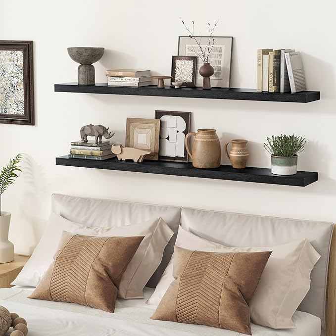 fuqing Black Floating Shelves 48 Inch, Solid Wood Wall Mounted Shelves Set of 2