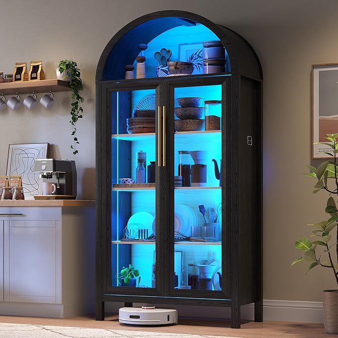 HWB Display Cabinet with Glass Doors, 5-Tier Tall Curio Cabinet with Lights