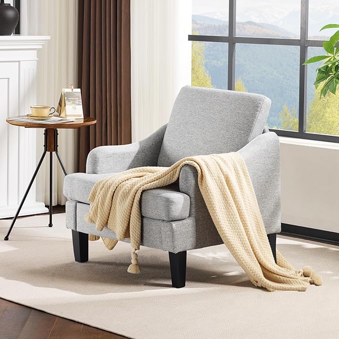 VINGLI Linen Fabric Accent Chair Grey, Modern Upholstered Armchair, Comfy Sofa