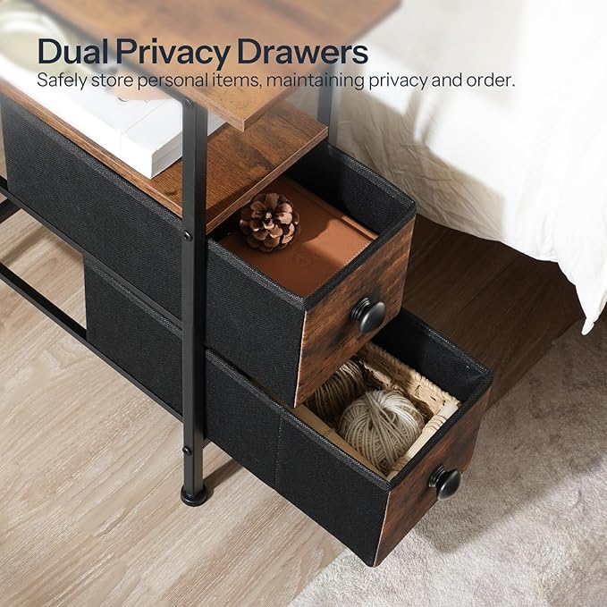 HOOBRO End Table with Charging Station, Narrow Side Table with 2 Fabric Drawers
