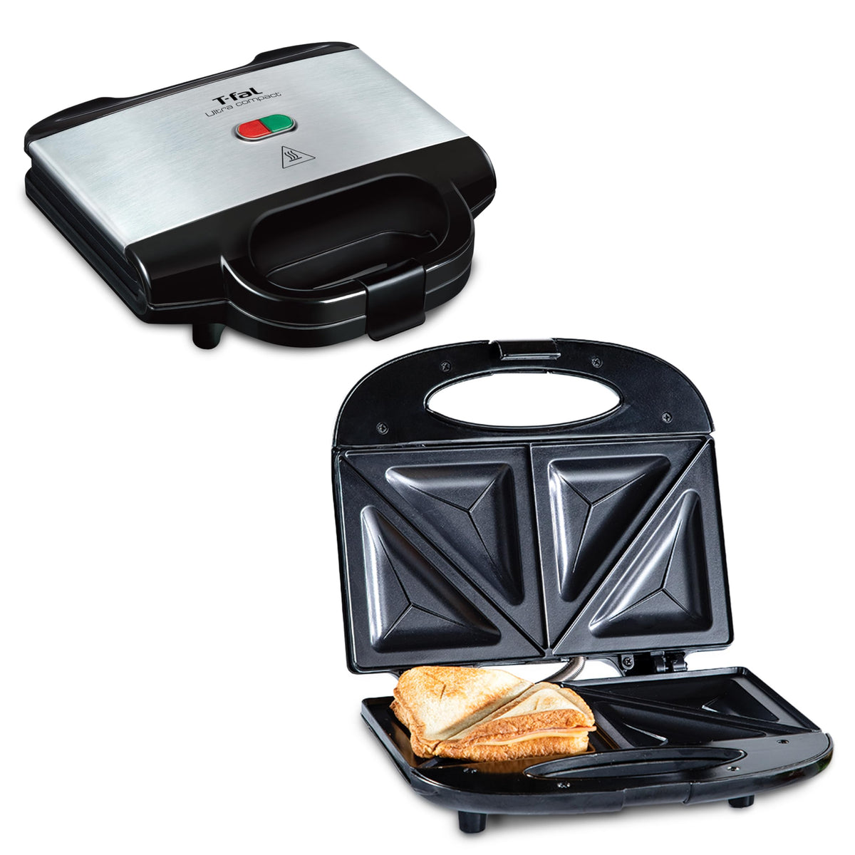 T-fal Compact Sandwich Maker, Stainless Steel, Easy to Clean, Indicator Lights, Cool Touch Handle, Grilled Cheese, Panini, 625 Watts, Black