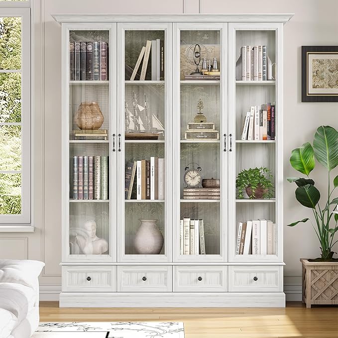 78" Large Storage Cabinet with Glass Doors, China Hutch, Farmhouse Kitchen