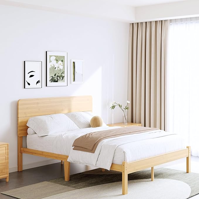BOSRII 14in High Solid Bamboo Wood Platform Full Size Bed Frame