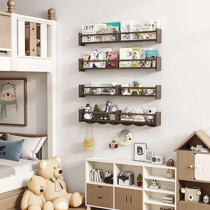 34Inch Nursery Bookshelves, Wall Floating Shelf Kids Coat Rack