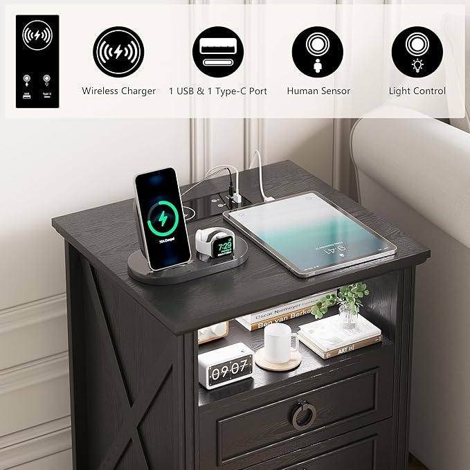 Nightstand Set 2 with Charging Station, Farmhouse End Side Table with 3 Drawers