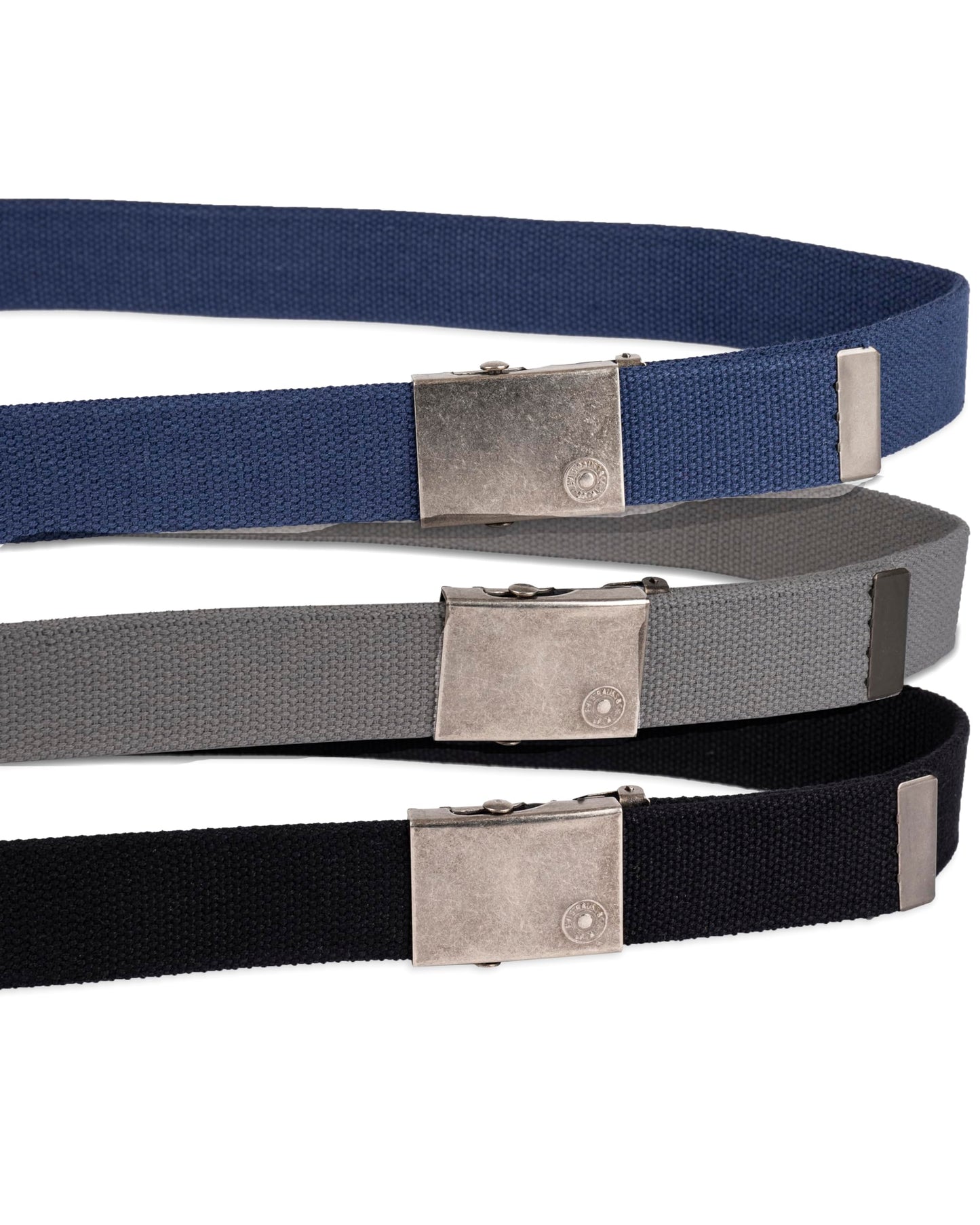 Levi's All-Gender Casual Cut-to-Fit Web Belt Set –3 Pack Straps with One Interchangeable Buckle, Black/Blue/Grey, One Size