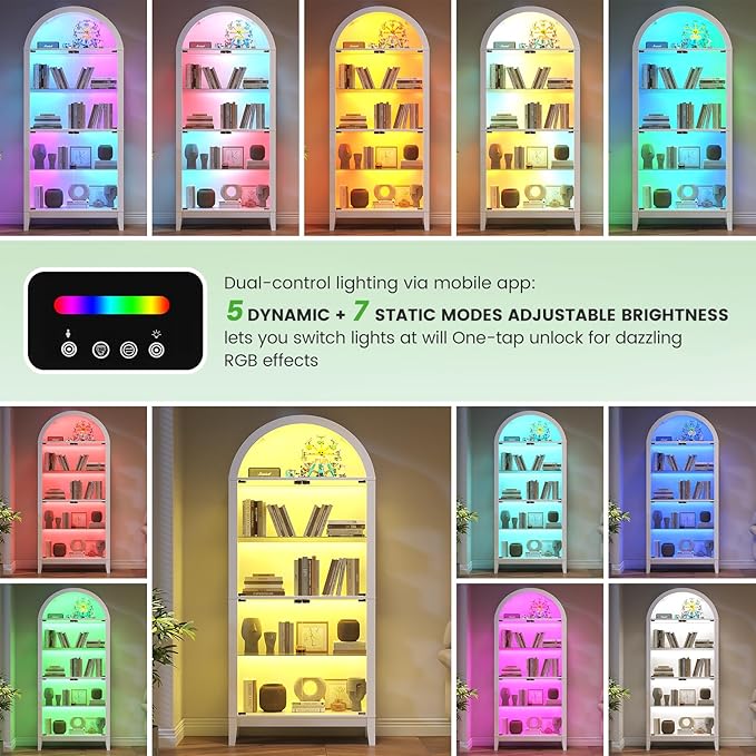 HNEBC Arched Display Case with RGB Lights, LED Curio Cabinet with Shelf