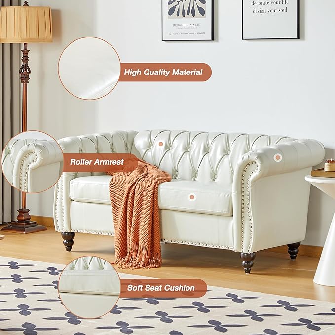ORRD 2 Pieces Living Room Set, Chesterfield Faux Leather Sofa Loveseat Couch