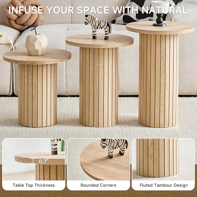 Round Nesting Coffee Table Set of 3 Mid Century Modern Wood Round Coffee Tables