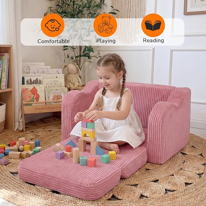 MeMoreCool Corduroy Pink Kids Chair, 2-in-1 Kids Couch Fold Out to Lounger