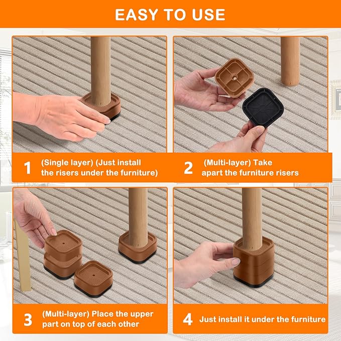 Furniture Risers Adjustable Bed Risers Heavy Duty Lifts Height 2", Square