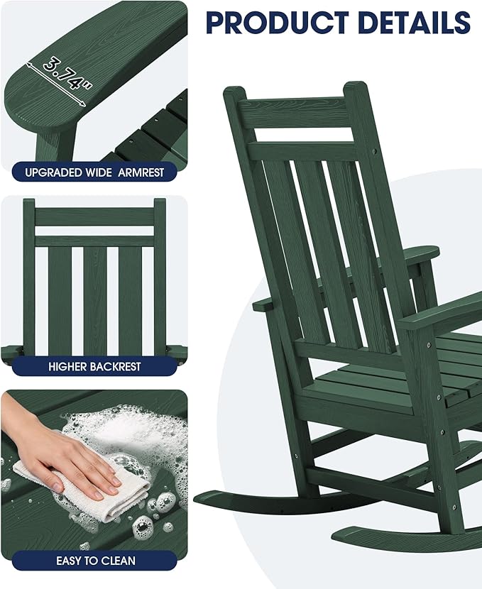 KINGYES Oversized Outdoor Rocking Chair, All-Weather Patio Rocking Chairs