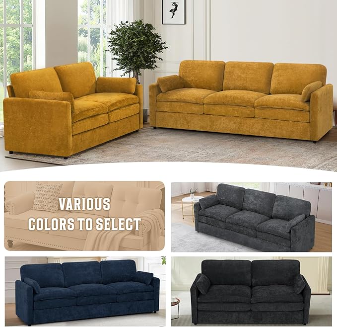 Comfy Chenille Sofa Set with Well-Filled Pillows, Modern 3 Seater and Loveseat