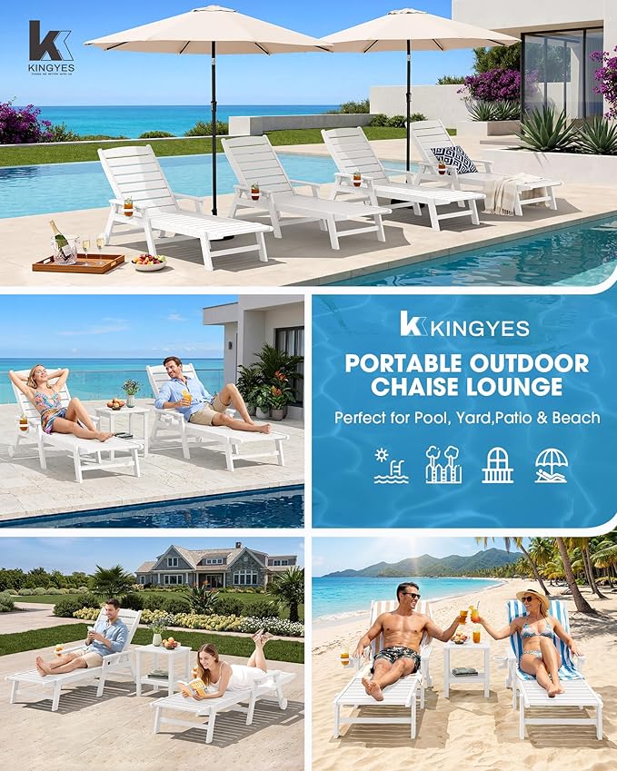 KINGYES HDPE Lounge Chair Outdoor Set of 2, Patio Chaise Lounge Recliner