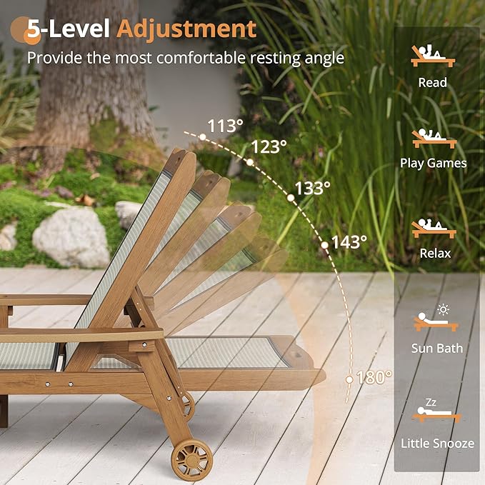 LUE BONA Chaise Lounge Chair Outdoor, HDPS and HDPE Wicker Material, Patio