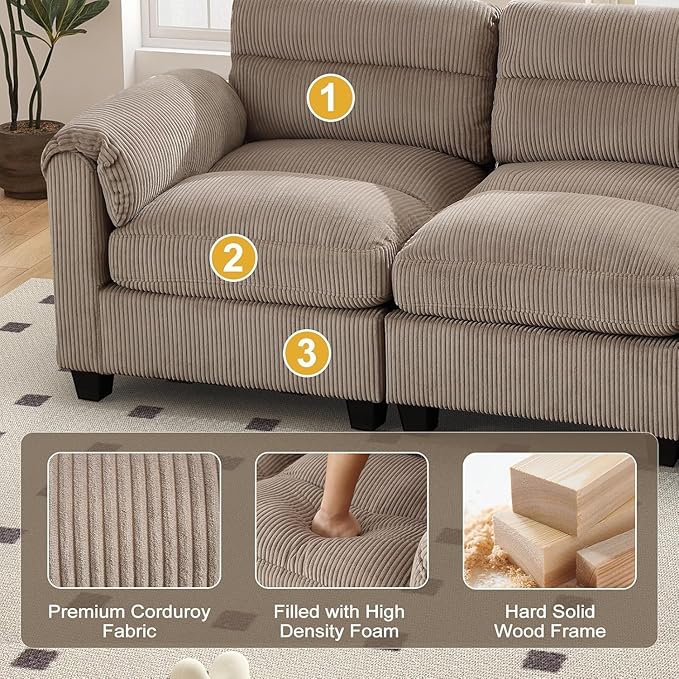 HAOMARKETS Corduroy 4-Piece Sofa Set, Upholstered Ottoman Set of 2, Loveseat