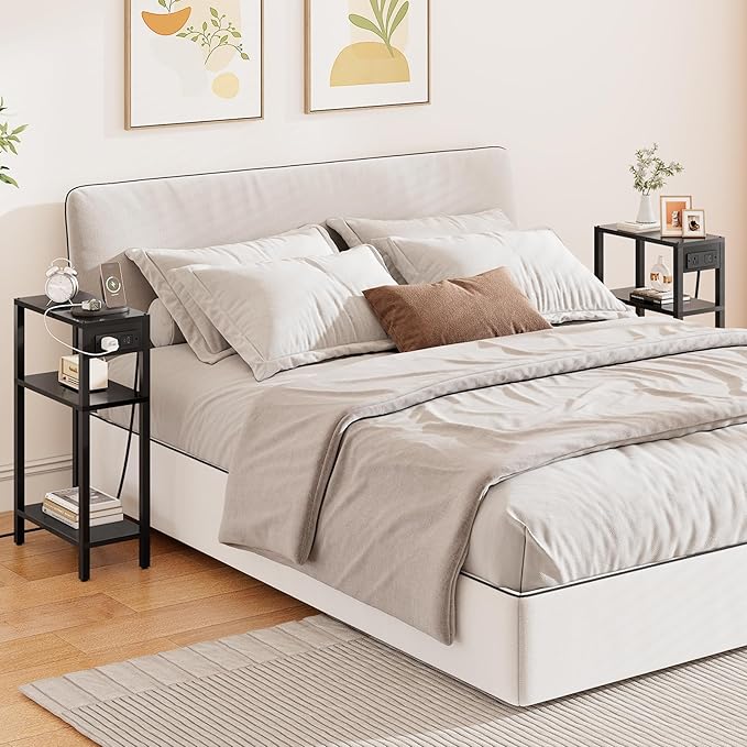TUTOTAK Narrow Side Table with Charging Station, Small End Table with USB Ports