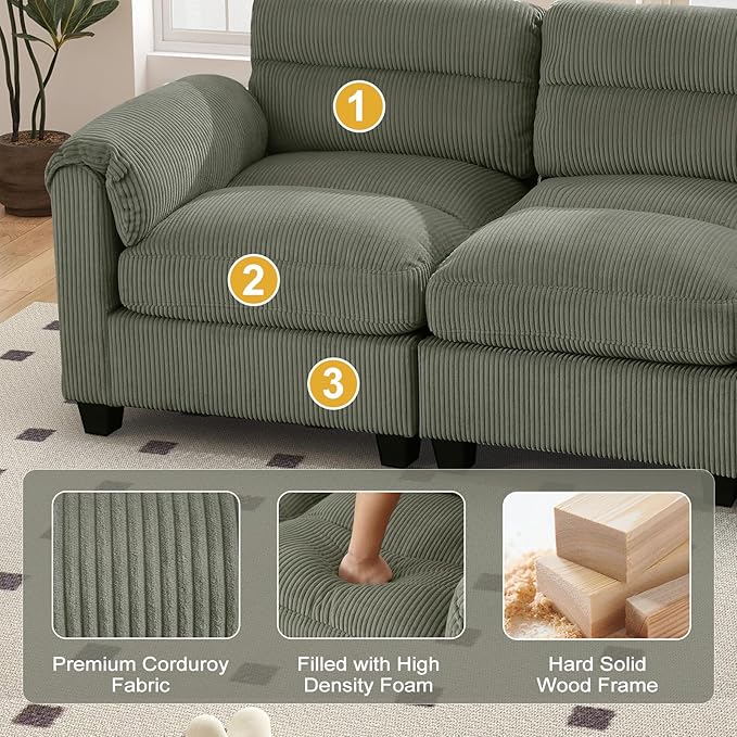 HAOMARKETS Corduroy Sofa Set, Upholstered 3-Seater Couch