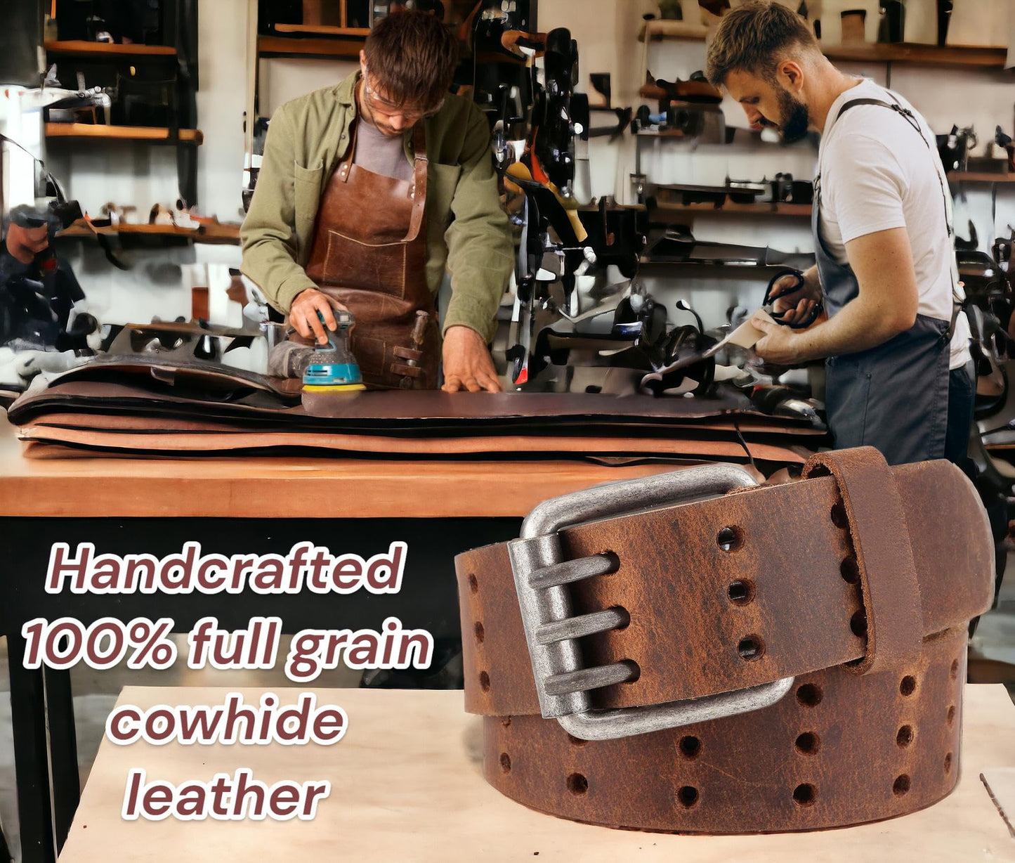 F&L CLASSIC Men's Genuine full grain leather belt heavy duty, work or casual belts for jeans, triple Prong buckle,1.5” wide,3193,size 34,tan