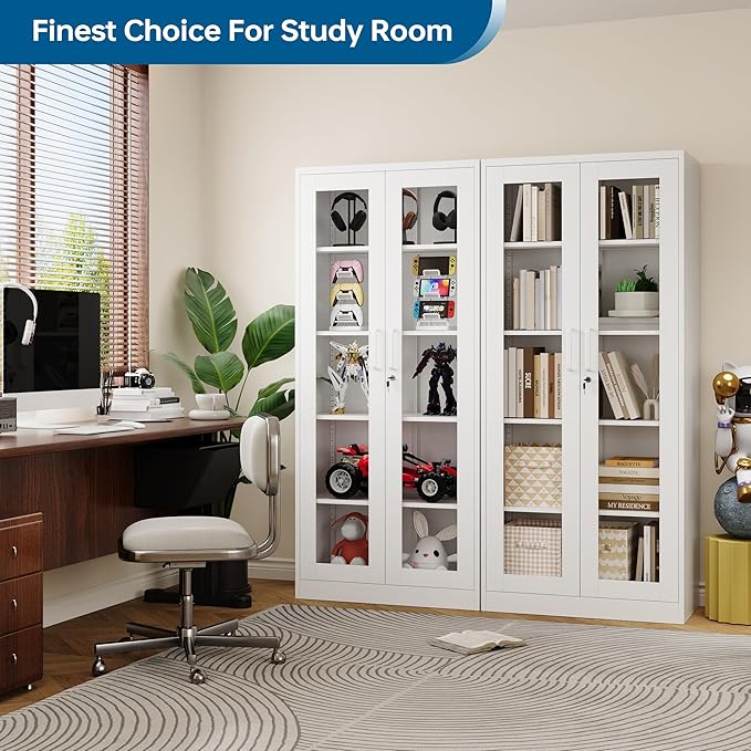 PEUKC Display Cabinet with Glass Doors, 71 Inches Metal Display Case with 4