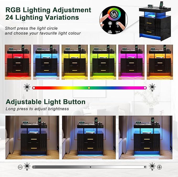 Nightstand with Wireless Charging Station, Bedroom Bedside Table with RGB Lights