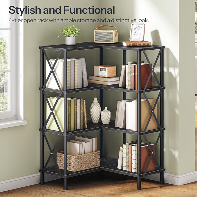HOOBRO Corner Bookshelf, 4-Tier L-Shaped Bookcase, Industrial Open Display