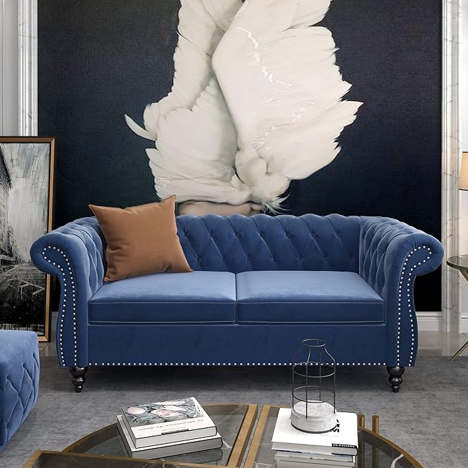 ORRD 3 Piece Living Room Set, Velvet Chesterfield Sofa Loveseat Couch Chair