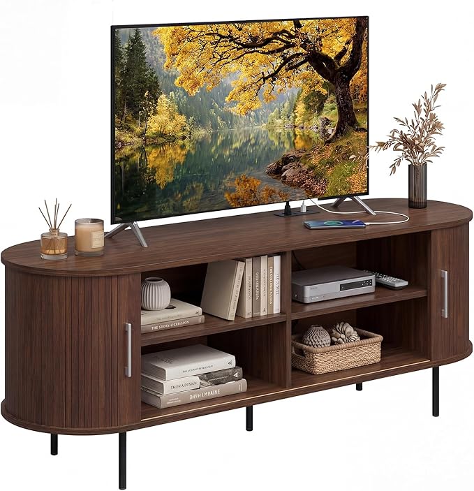 Tangkula Fluted TV Stand for TVs up to 60”, Mid Century Curved Entertainment