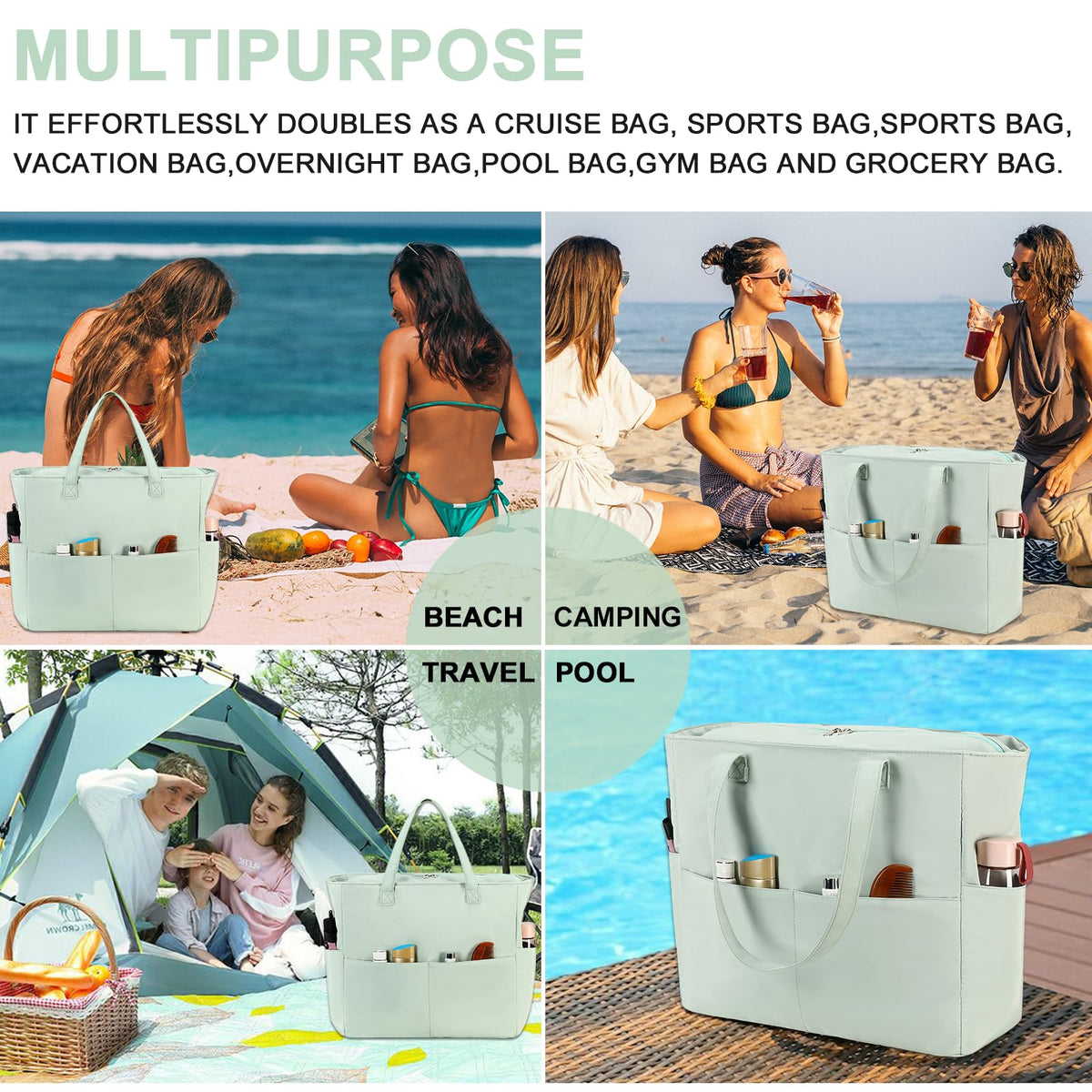 Waterproof Beach Tote Pool Bags for Women Ladies Extra Large Gym Tote Carry On Bag With Wet Compartment for Weekender Travel (Light green)