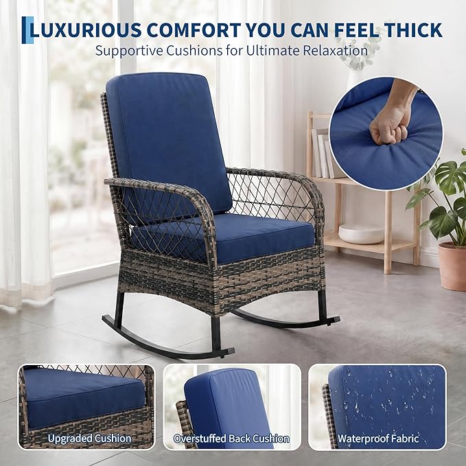 GarveeHome 3-Piece Outdoor Rocking Chair Set, Wicker Rattan Patio Furniture