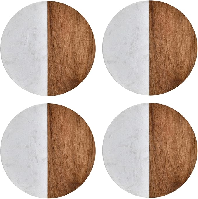 I-LAN 4-Pack Marble and Acacia Wood Coasters, 4-Inch Round Natural Wood Drink