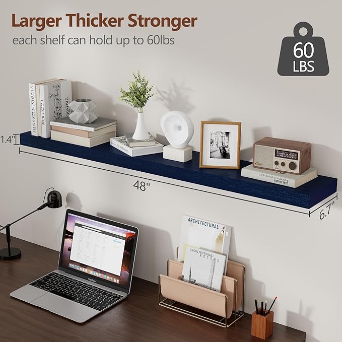 fuqing Dark Blue Floating Shelves 48 Inch, Solid Wooden Wall Shelves Set of 2