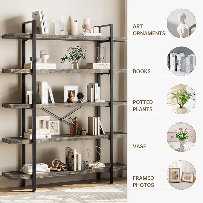 OtterOasis Bookshelf Set, Heavy Duty 5-Tier Industrial Bookcase, 120lbs Shelf