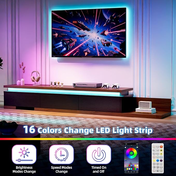 Extendable TV Stand with LED Lights, Modern TV Console with 3 Drawers, Wooden