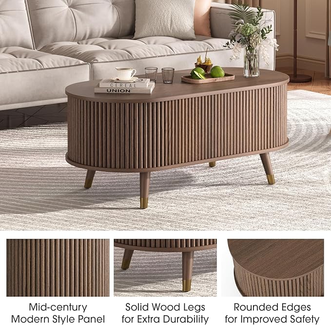 SULIVES Oval Coffee Table with Storage, Small Fluted Center Table