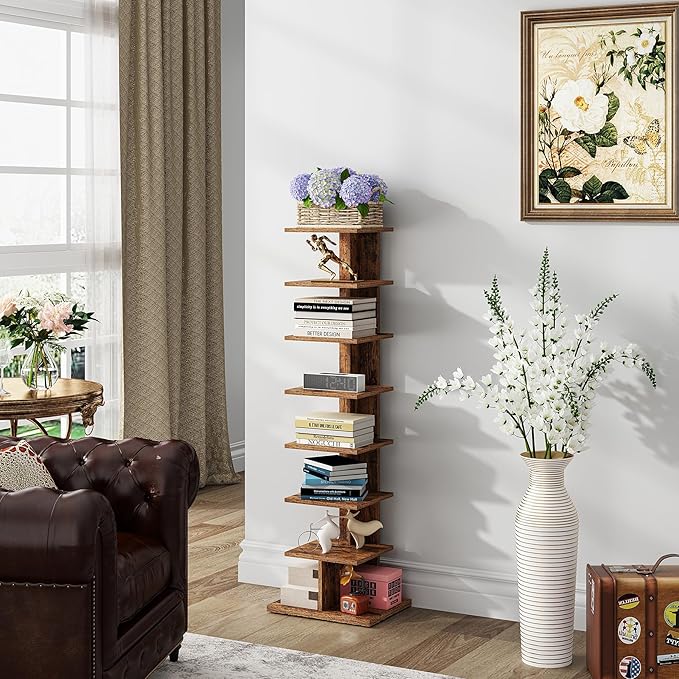 TUTOTAK Narrow Bookshelf, 8-Tier Bookcase, Spine Book Shelf