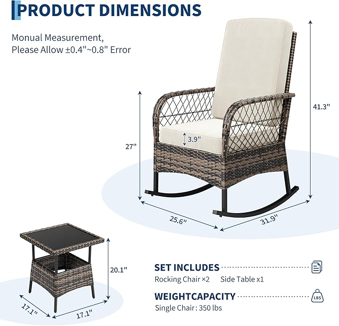 GarveeHome 3-Piece Outdoor Rocking Chair Set, Wicker Rattan Patio Furniture