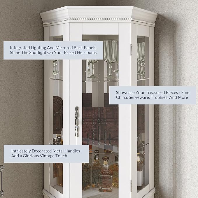 BELLEZE Lighted 3-Side Glass Display Curio Cabinet w/Tempered Glass Doors &