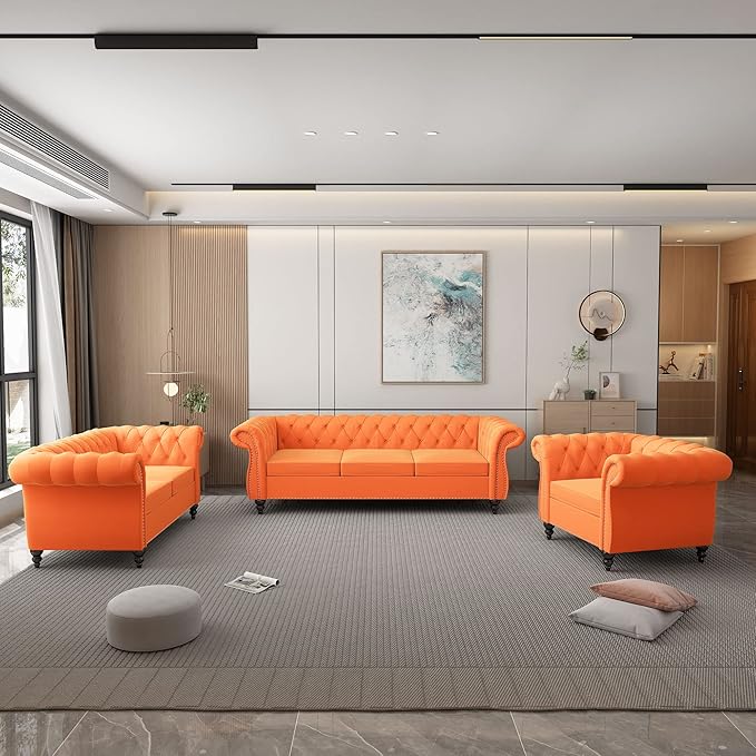 ORRD 3 Piece Living Room Set, Velvet Chesterfield Sofa Loveseat Couch Chair