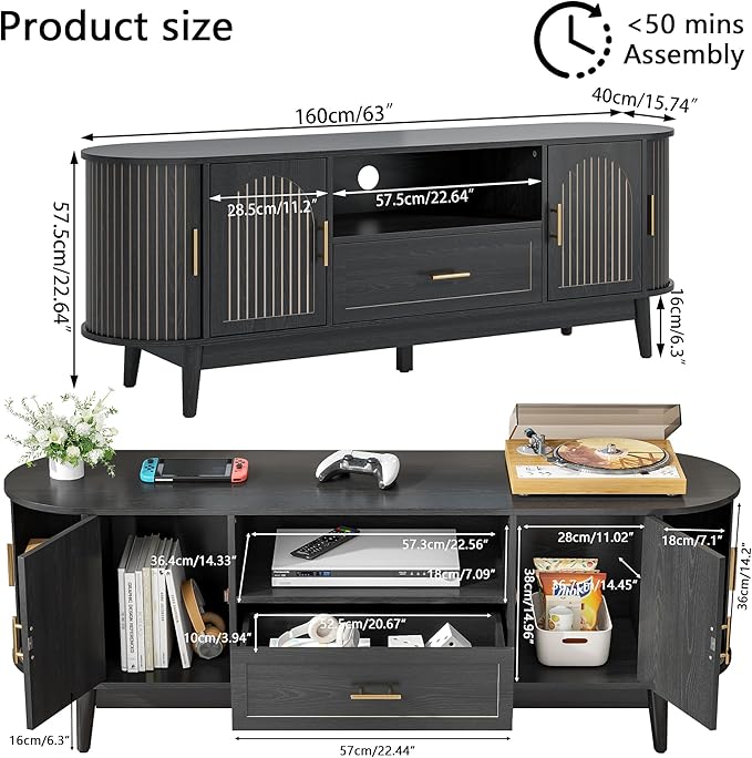 63" Fluted TV Stand for Tvs up to 70", Mid-Century Modern Entertainment Center